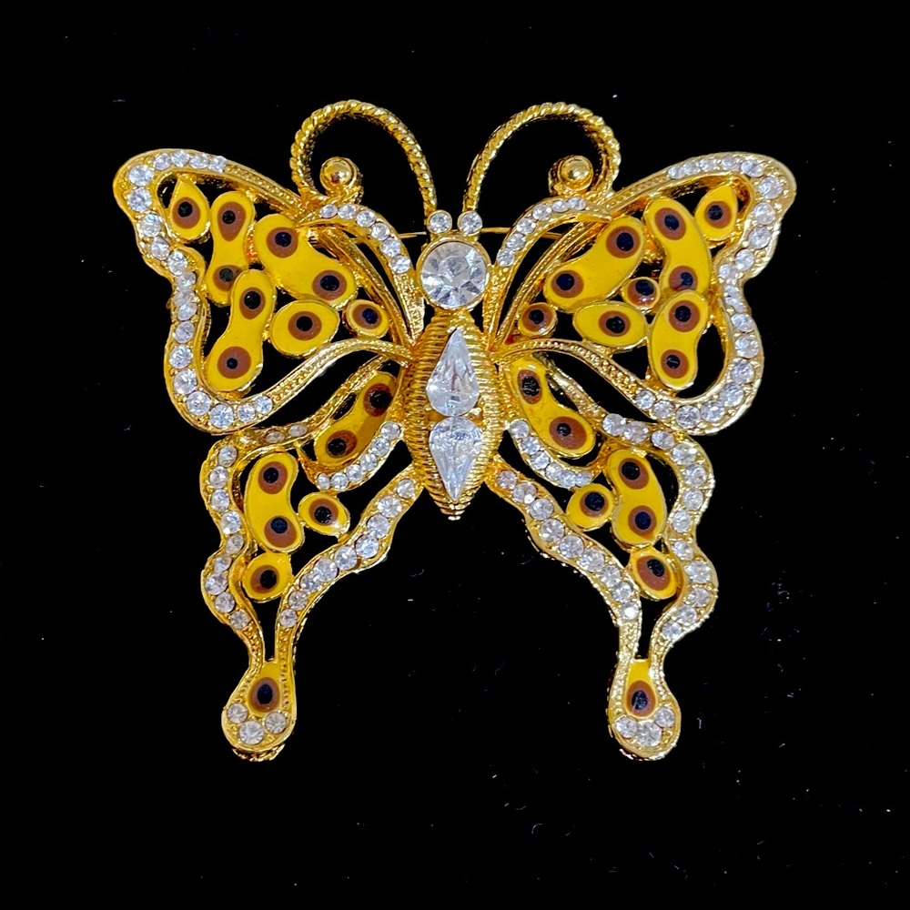 Large Vintage Enamel Rhinestone Butterfly Brooch